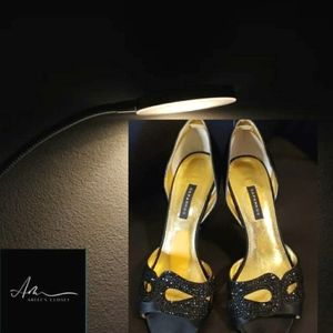 Caparros 9M Meredith Black Satin Open Toe Heels